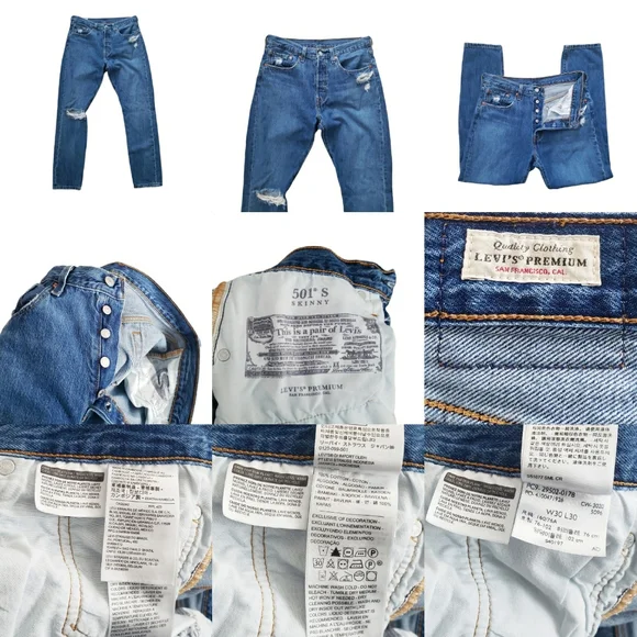 Levi's 501 Skinny Premium Jeans Big "E" Denim Blue Wash Distressed Size 30 hi Ri - Picture 3 of 16